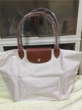 Longchamp White Tote with Brown Trim and Handles